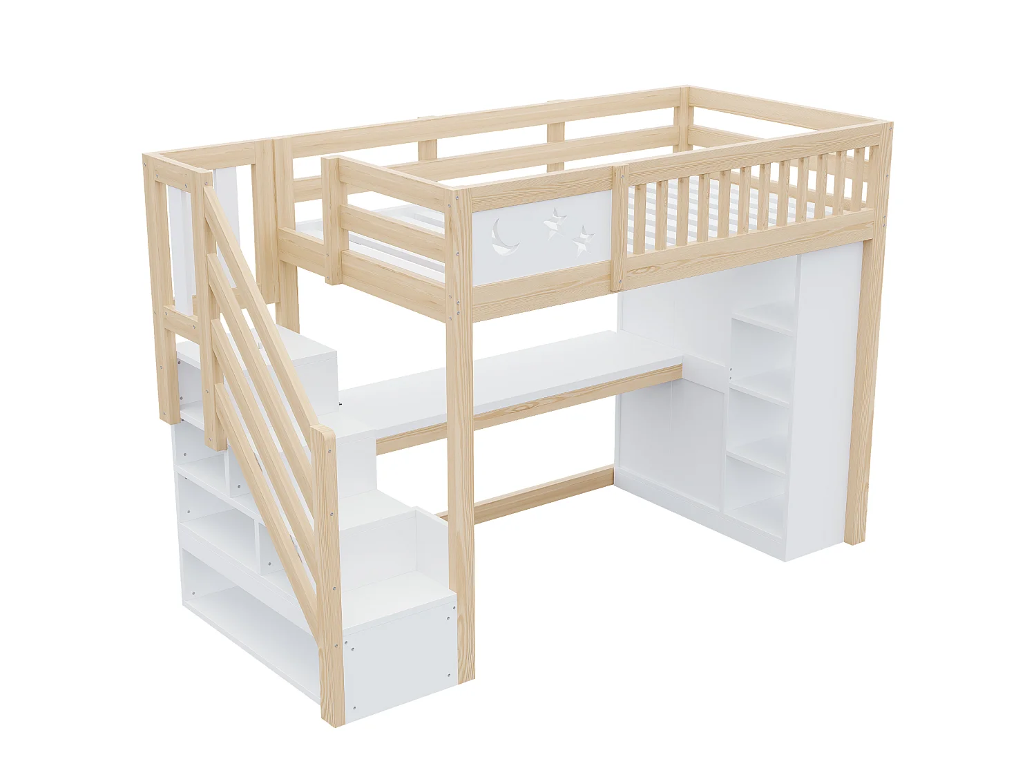Hochbett 90 x 200 cm mit Schreibtisch, Stauraum, Treppe und LED-Beleuchtung - Kiefer, Sperrholz und MDF - Holzfarbe (Matratze nicht enthalten)