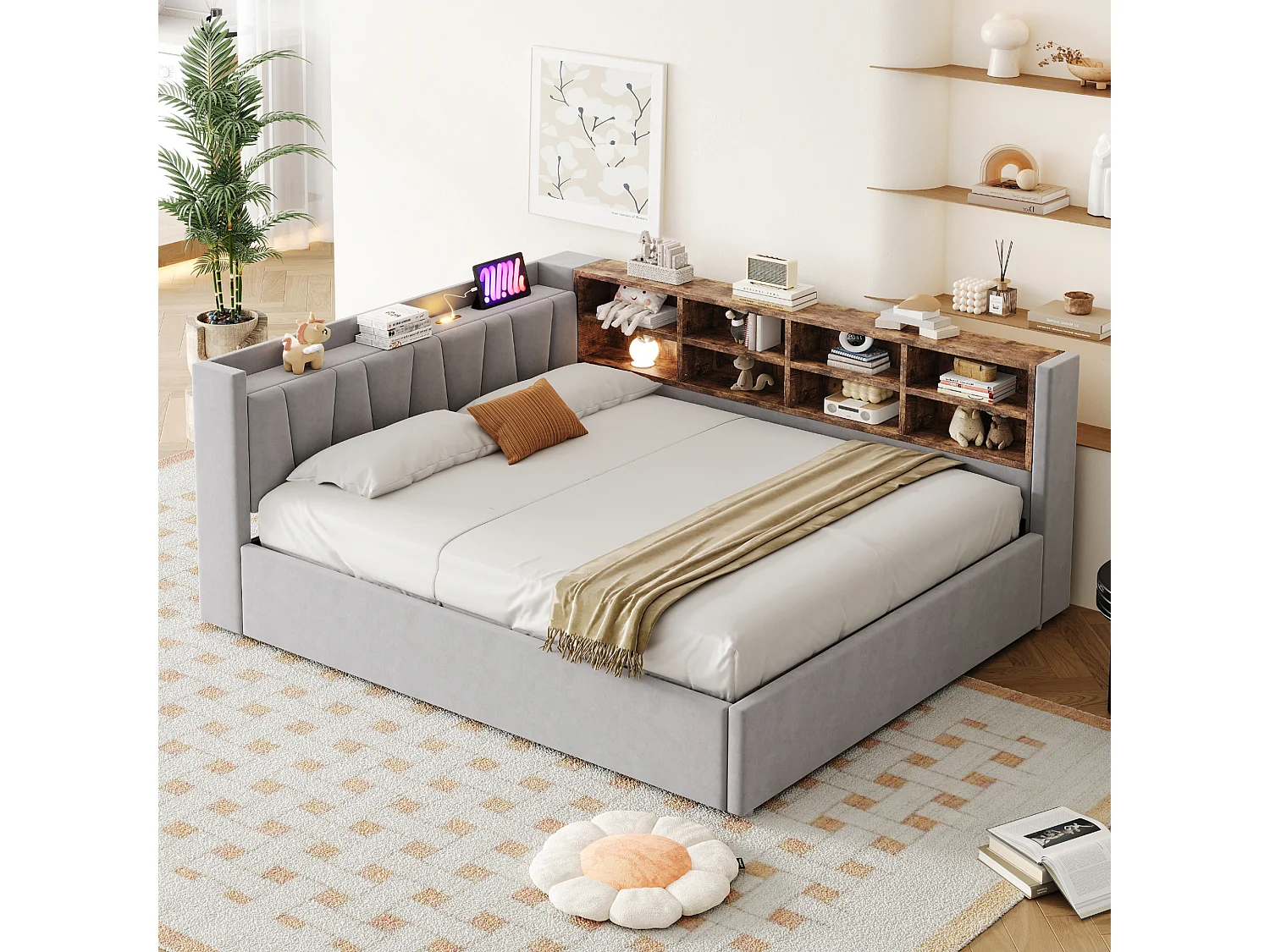 140 x 200 cm Bett mit Stauraum, Kopfteil, LED-Beleuchtung und USB/USB-C-Anschlüssen - Samt - Hellgrau (Matratze nicht im Lieferumfang enthalten)
