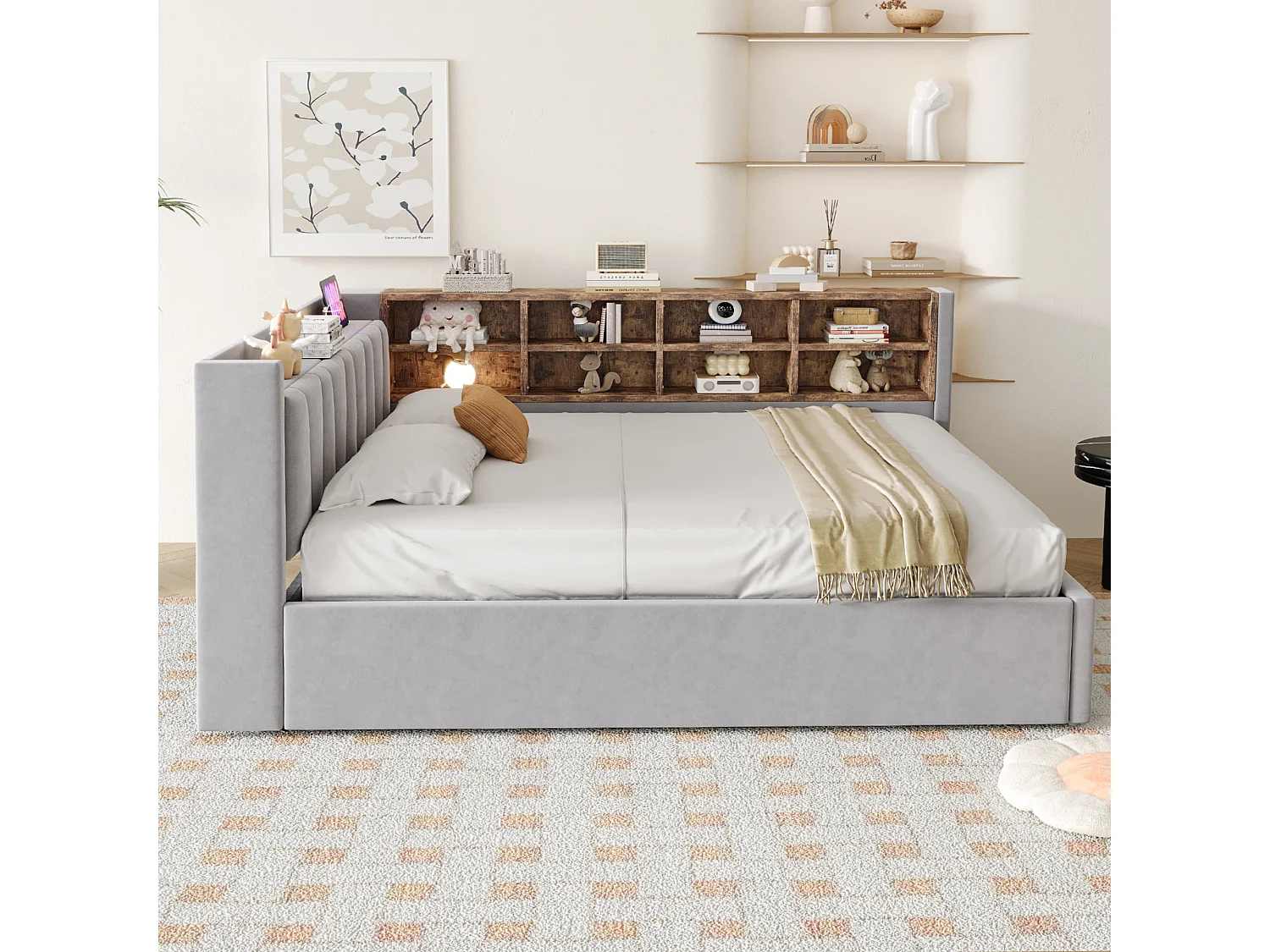 140 x 200 cm Bett mit Stauraum, Kopfteil, LED-Beleuchtung und USB/USB-C-Anschlüssen - Samt - Hellgrau (Matratze nicht im Lieferumfang enthalten)