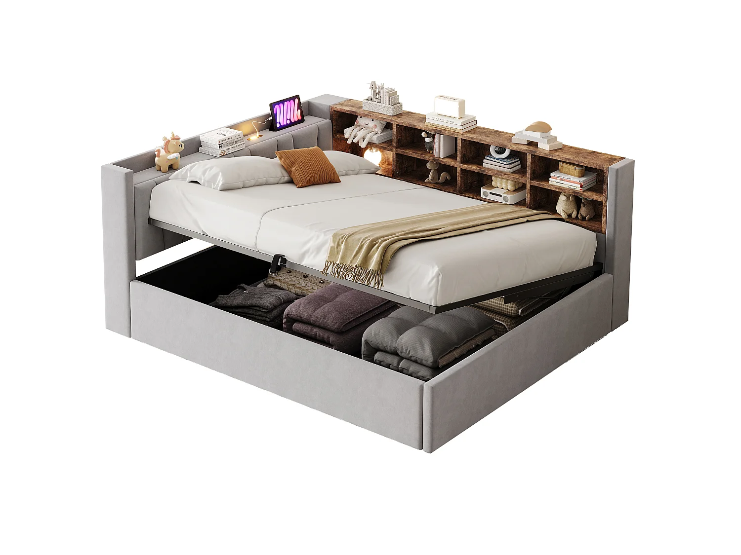 140 x 200 cm Bett mit Stauraum, Kopfteil, LED-Beleuchtung und USB/USB-C-Anschlüssen - Samt - Hellgrau (Matratze nicht im Lieferumfang enthalten)