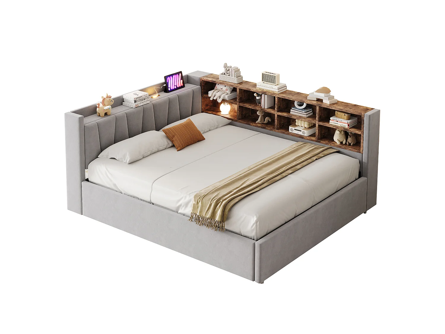 140 x 200 cm Bett mit Stauraum, Kopfteil, LED-Beleuchtung und USB/USB-C-Anschlüssen - Samt - Hellgrau (Matratze nicht im Lieferumfang enthalten)