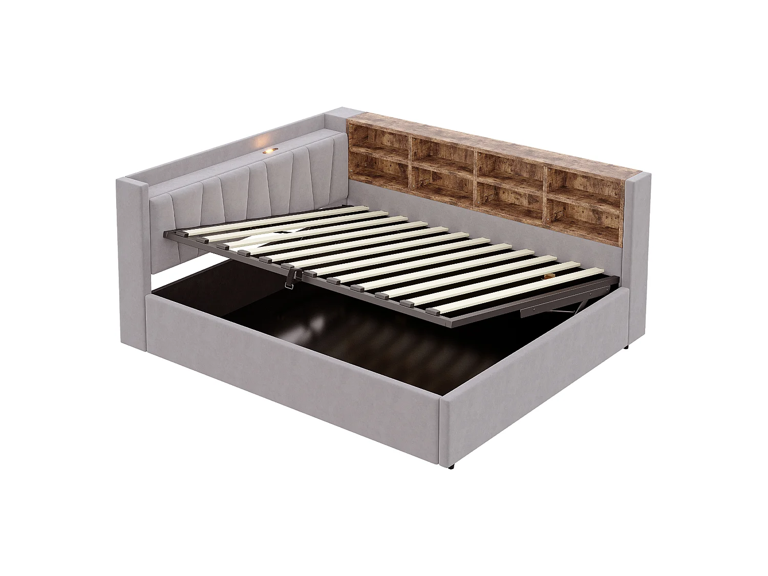 140 x 200 cm Bett mit Stauraum, Kopfteil, LED-Beleuchtung und USB/USB-C-Anschlüssen - Samt - Hellgrau (Matratze nicht im Lieferumfang enthalten)