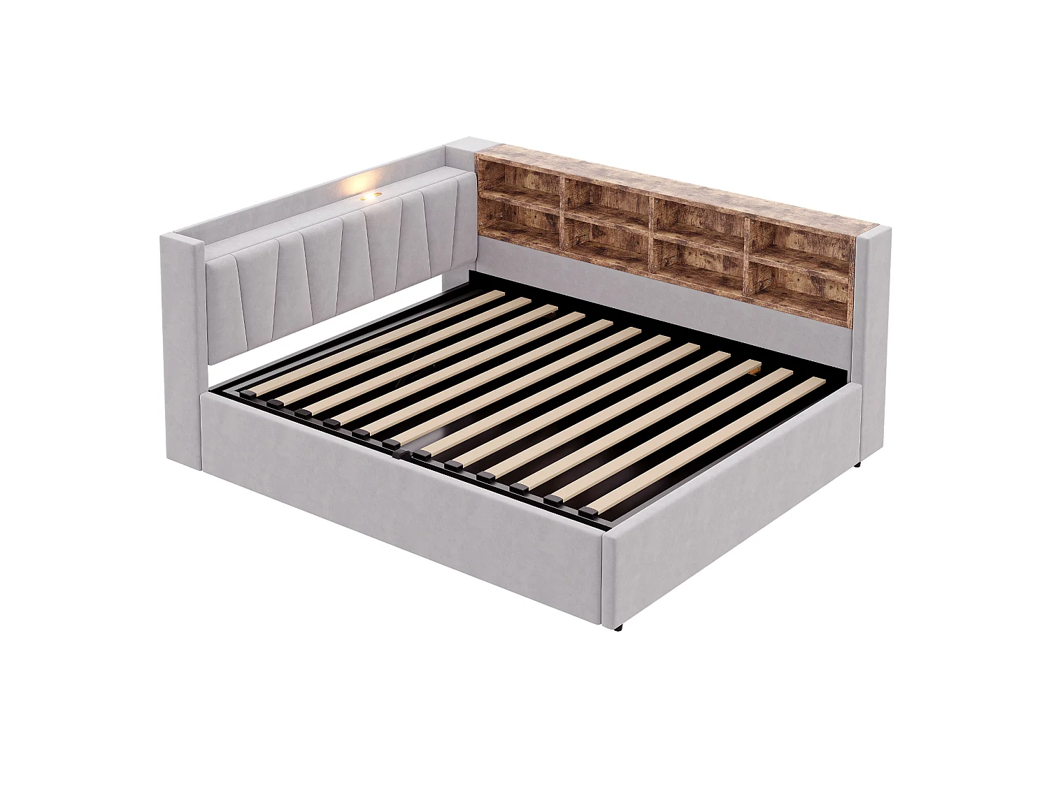 140 x 200 cm Bett mit Stauraum, Kopfteil, LED-Beleuchtung und USB/USB-C-Anschlüssen - Samt - Hellgrau (Matratze nicht im Lieferumfang enthalten)