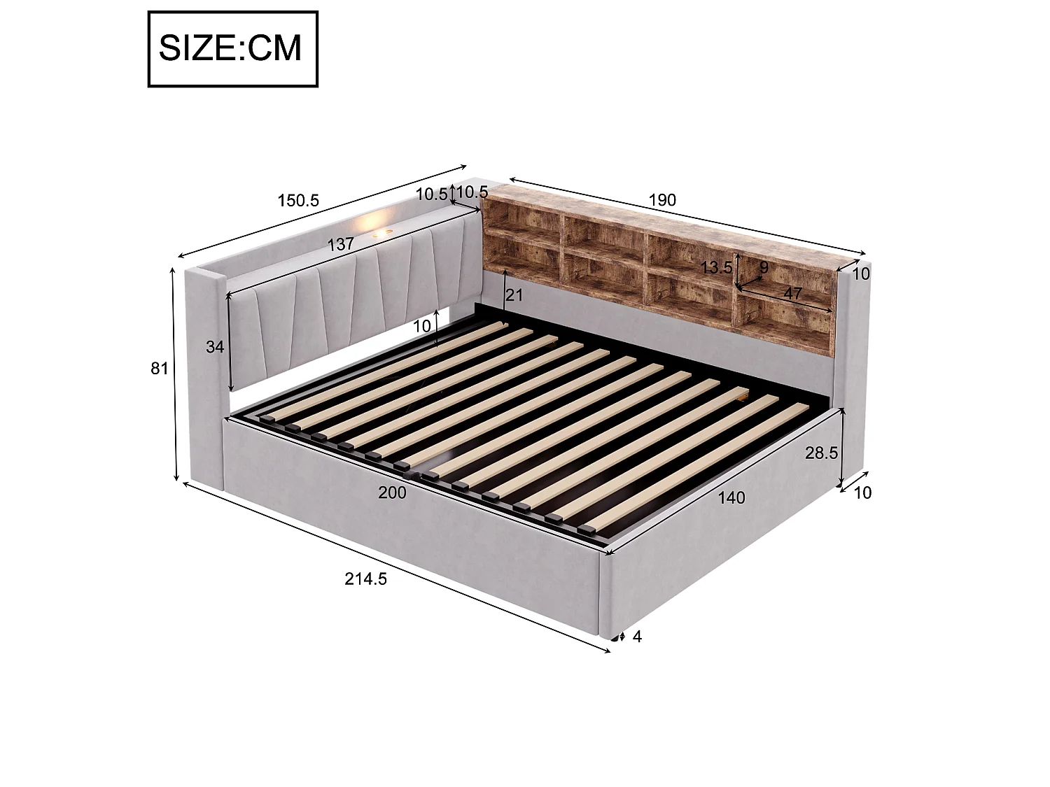 140 x 200 cm Bett mit Stauraum, Kopfteil, LED-Beleuchtung und USB/USB-C-Anschlüssen - Samt - Hellgrau (Matratze nicht im Lieferumfang enthalten)