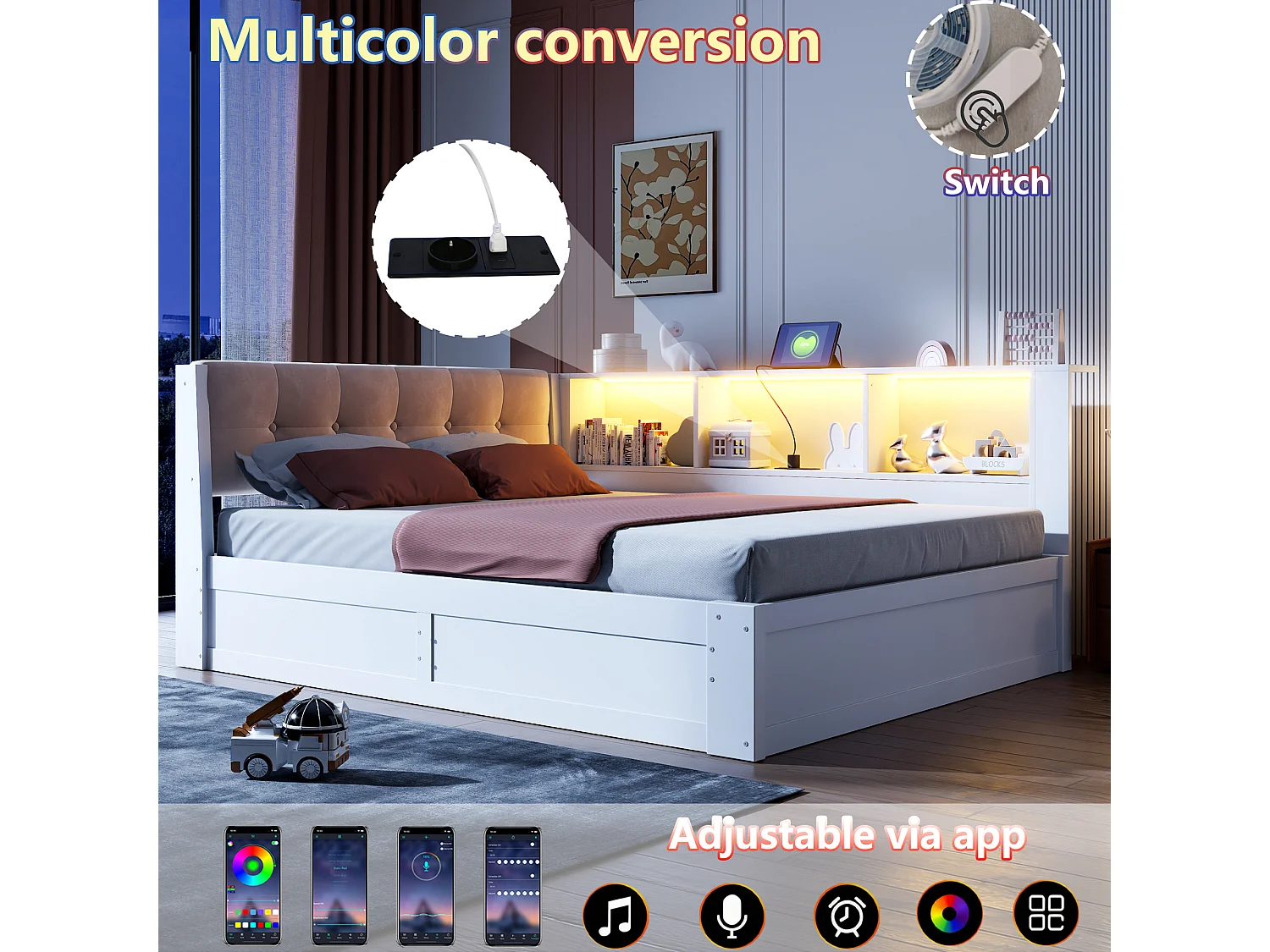 140 x 200 cm Stauraumbett mit LED-Beleuchtung, USB-Anschluss und 3-stufigem Seitenregal – Kiefer, MDF und Leinen – Weiß (Matratze nicht im Lieferumfang enthalten)