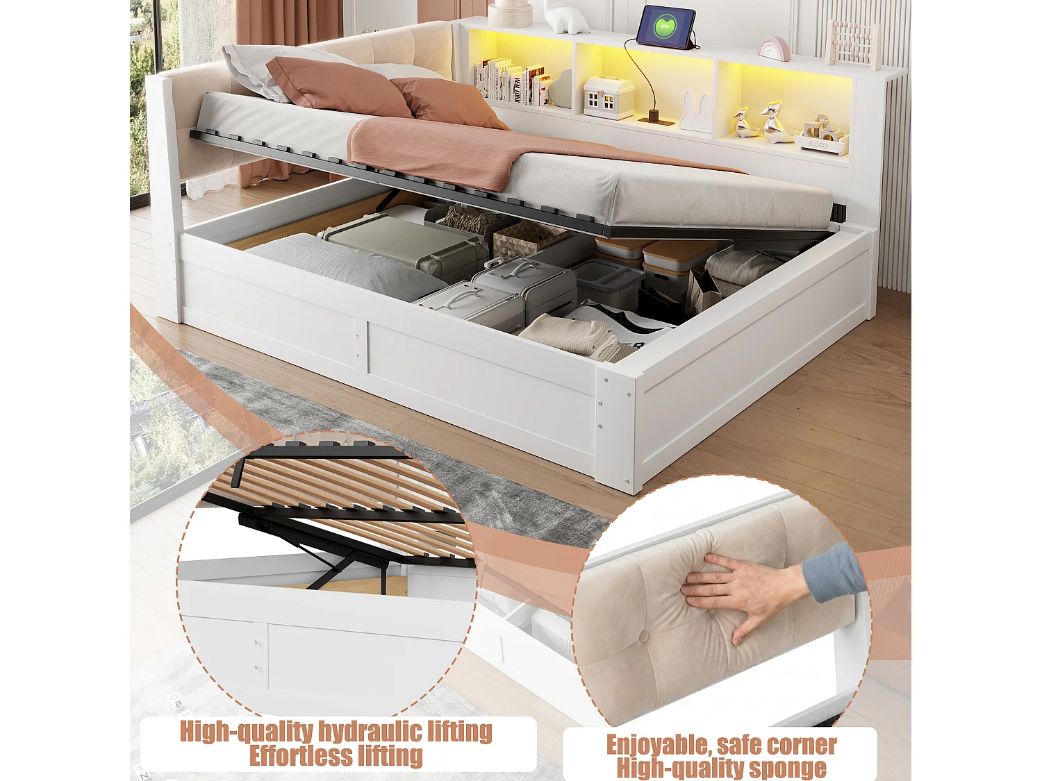 140 x 200 cm Stauraumbett mit LED-Beleuchtung, USB-Anschluss und 3-stufigem Seitenregal – Kiefer, MDF und Leinen – Weiß (Matratze nicht im Lieferumfang enthalten)