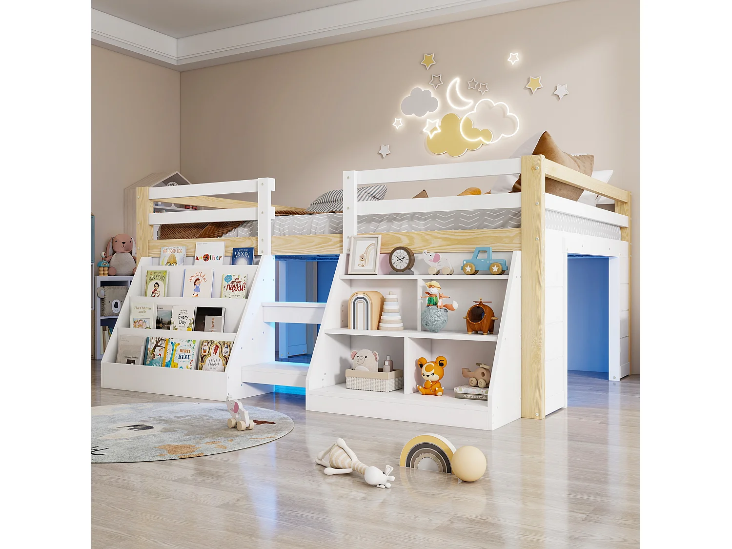Lit surélevé enfant 140 x 200 cm avec rangements, LED, échelle et barrières de sécurité – Pin et MDF – Naturel et blanc (Sans matelas)