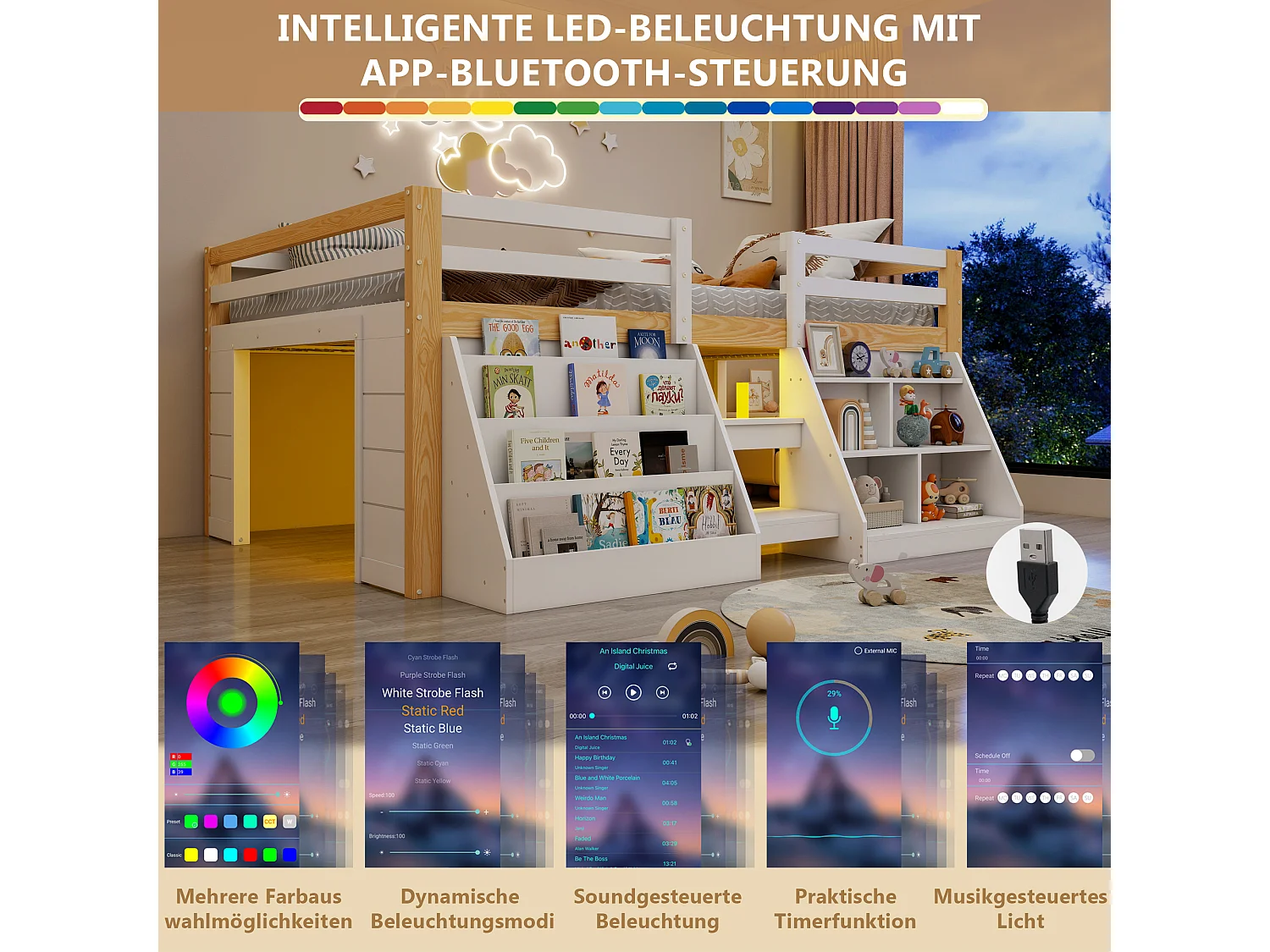 Lit surélevé enfant 140 x 200 cm avec rangements, LED, échelle et barrières de sécurité – Pin et MDF – Naturel et blanc (Sans matelas)