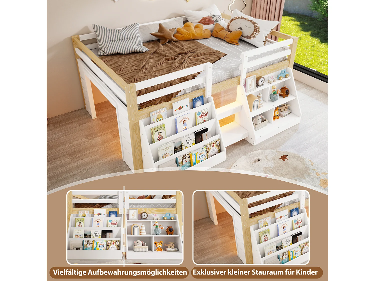 Lit surélevé enfant 140 x 200 cm avec rangements, LED, échelle et barrières de sécurité – Pin et MDF – Naturel et blanc (Sans matelas)