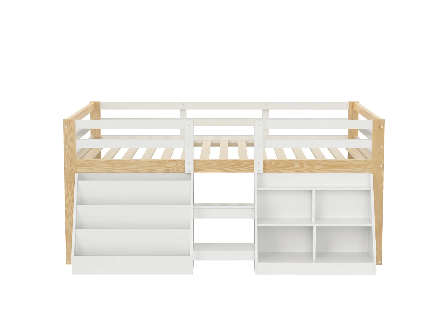 Lit surélevé enfant 140 x 200 cm avec rangements, LED, échelle et barrières de sécurité – Pin et MDF – Naturel et blanc (Sans matelas)