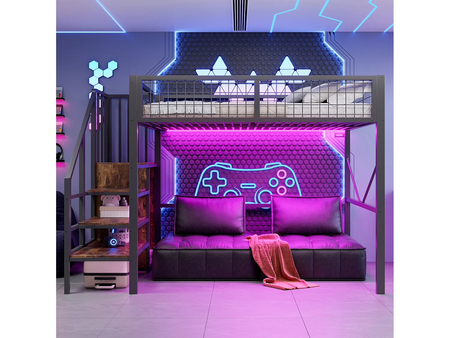 Hochbett 140 x 200 cm mit Aufbewahrungsleiter, Sicherheitsgeländer und LED-Beleuchtung - Metall - Schwarz (Matratze nicht im Lieferumfang enthalten)
