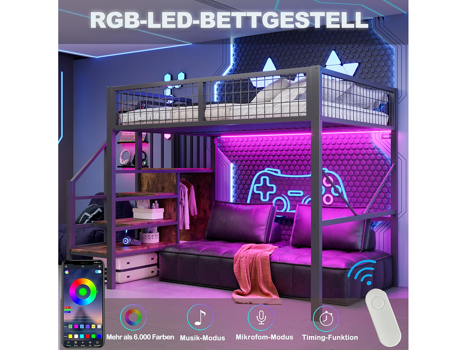Hochbett 140 x 200 cm mit Aufbewahrungsleiter, Sicherheitsgeländer und LED-Beleuchtung - Metall - Schwarz (Matratze nicht im Lieferumfang enthalten)
