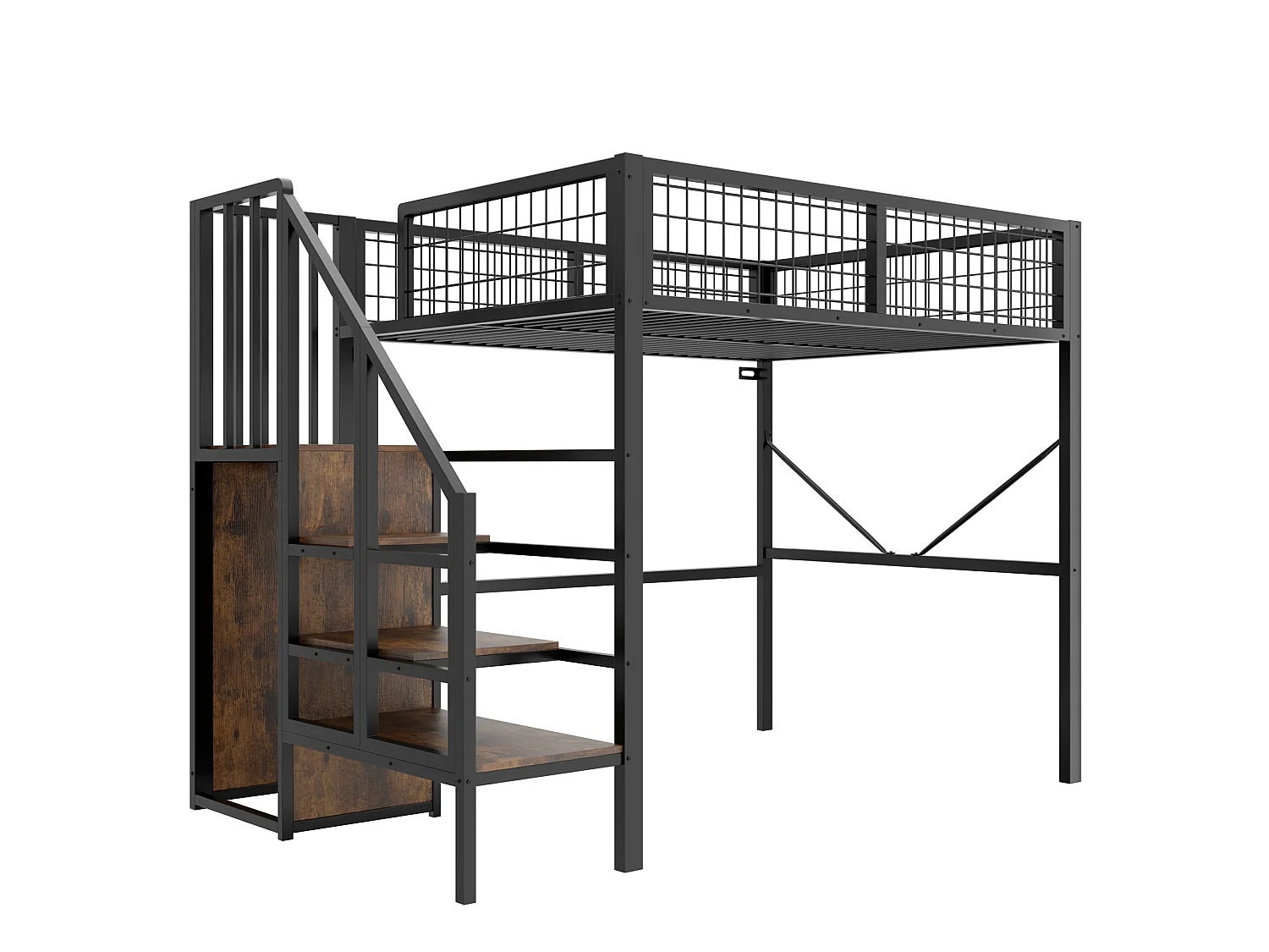 Hochbett 140 x 200 cm mit Aufbewahrungsleiter, Sicherheitsgeländer und LED-Beleuchtung - Metall - Schwarz (Matratze nicht im Lieferumfang enthalten)