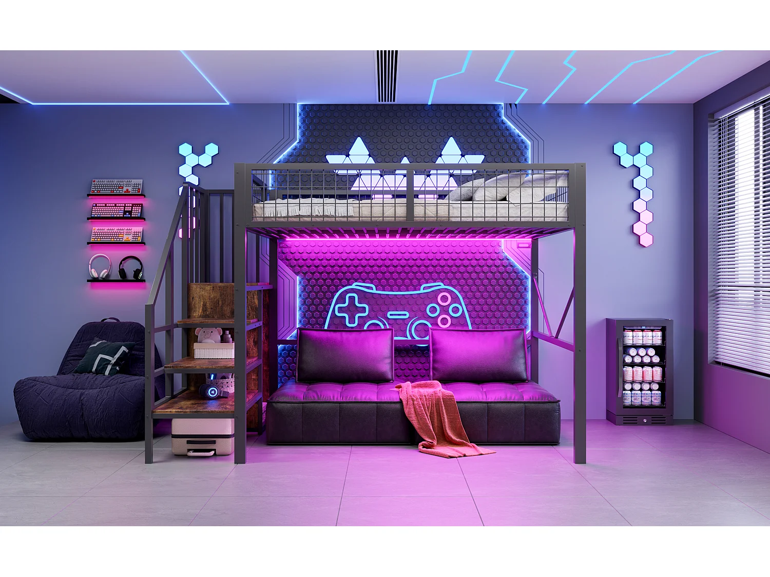 Hochbett 140 x 200 cm mit Aufbewahrungsleiter, Sicherheitsgeländer und LED-Beleuchtung - Metall - Schwarz (Matratze nicht im Lieferumfang enthalten)