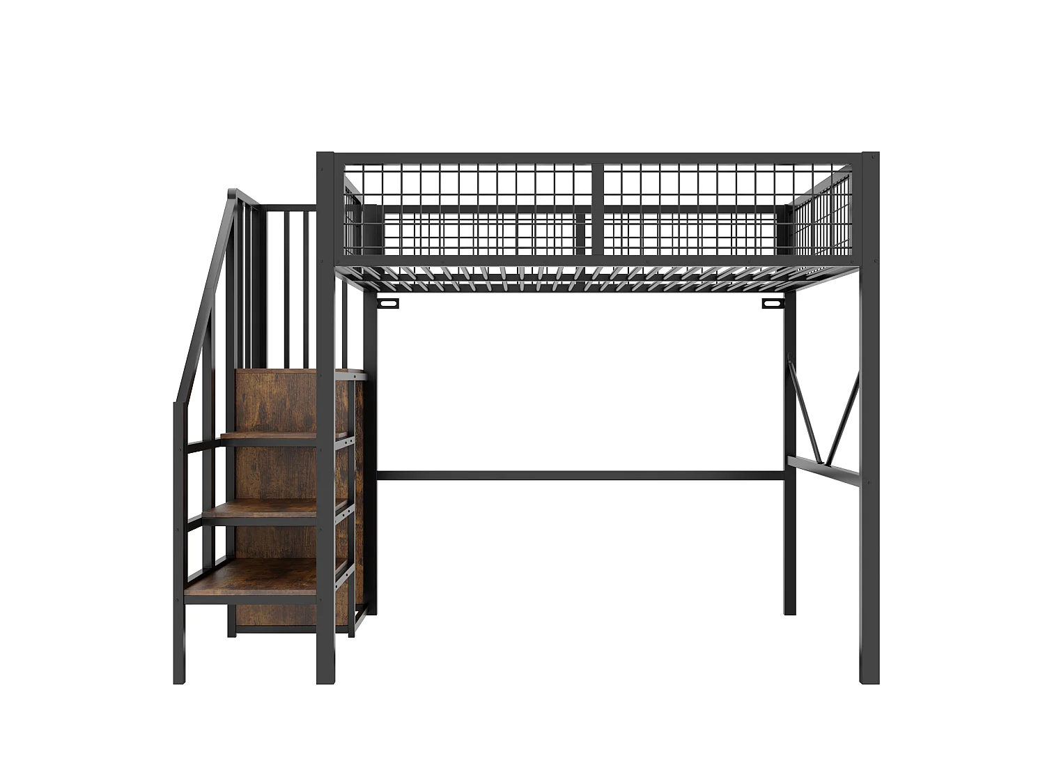 Hochbett 140 x 200 cm mit Aufbewahrungsleiter, Sicherheitsgeländer und LED-Beleuchtung - Metall - Schwarz (Matratze nicht im Lieferumfang enthalten)