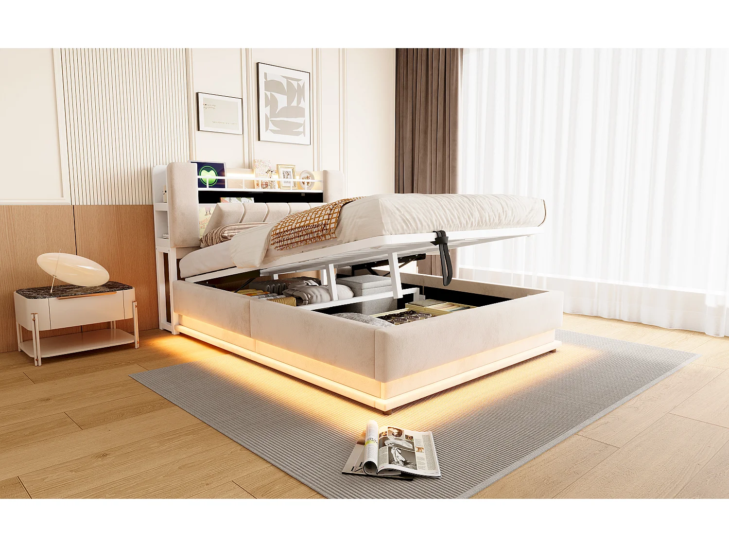 140 x 200 cm Stauraumbett mit Kopfteil, LED-Beleuchtung, USB-Anschlüssen und großem hydraulischem Staufach - Samt - Beige (Matratze nicht im Lieferumfang enthalten)