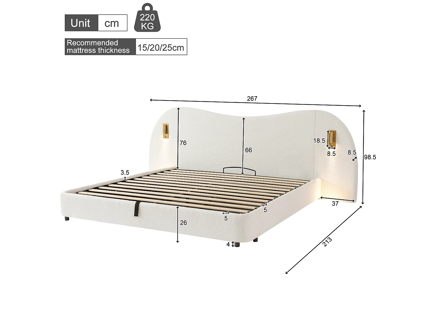 180 x 200 cm Stauraumbett mit hydraulischer Ablage, USB-Anschlüssen und Leselampen - Bouclé - Weiß (Matratze nicht im Lieferumfang enthalten)