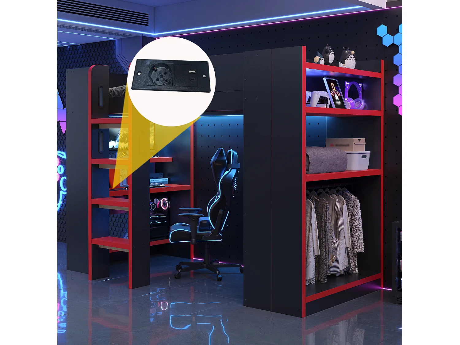 Lit mezzanine 90 x 200 cm avec bureau, étagères, LED et prises électriques - Pin, contreplaqué et MDF - Noir et rouge (sans matelas)