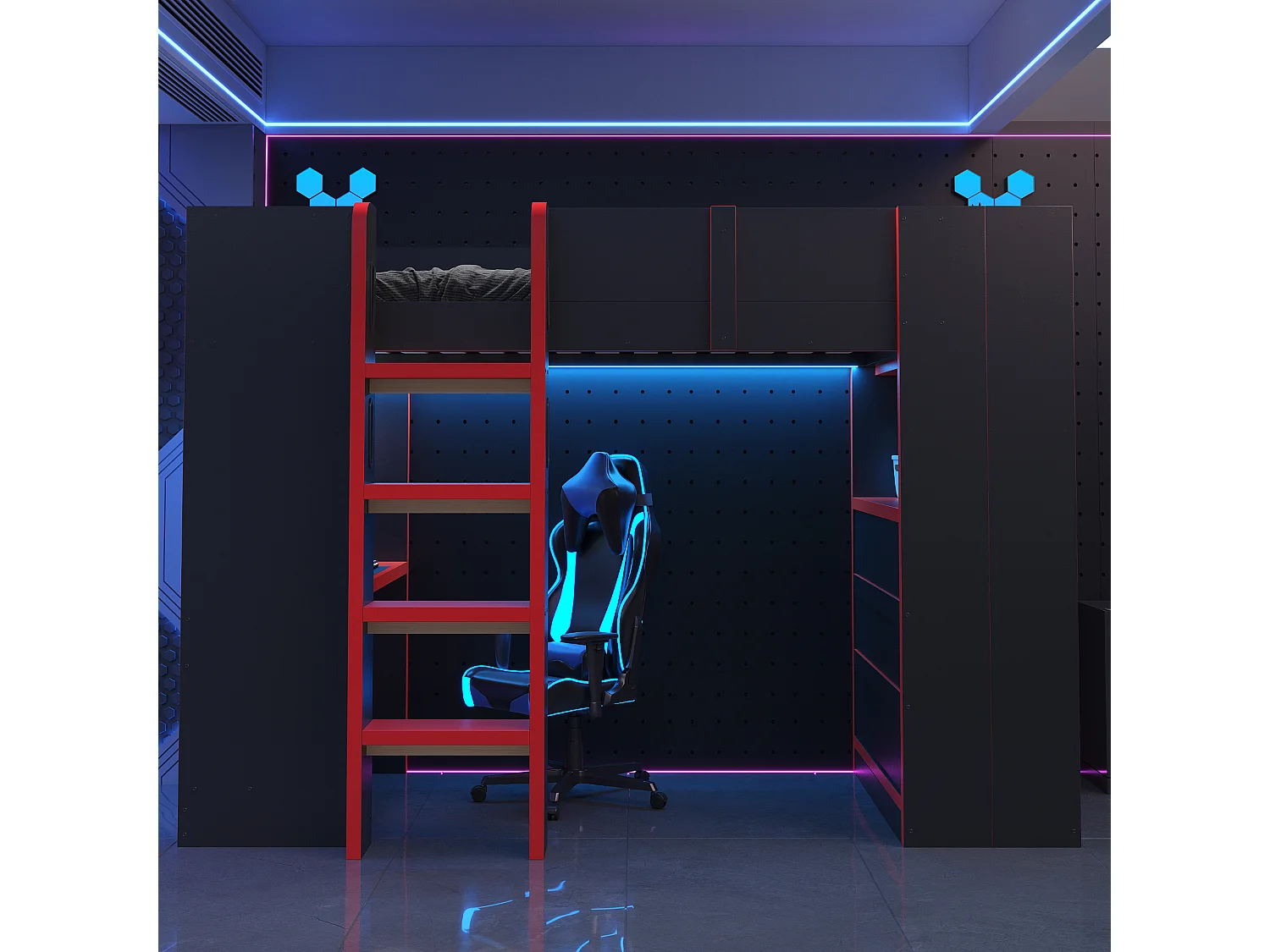 Lit mezzanine 90 x 200 cm avec bureau, étagères, LED et prises électriques - Pin, contreplaqué et MDF - Noir et rouge (sans matelas)