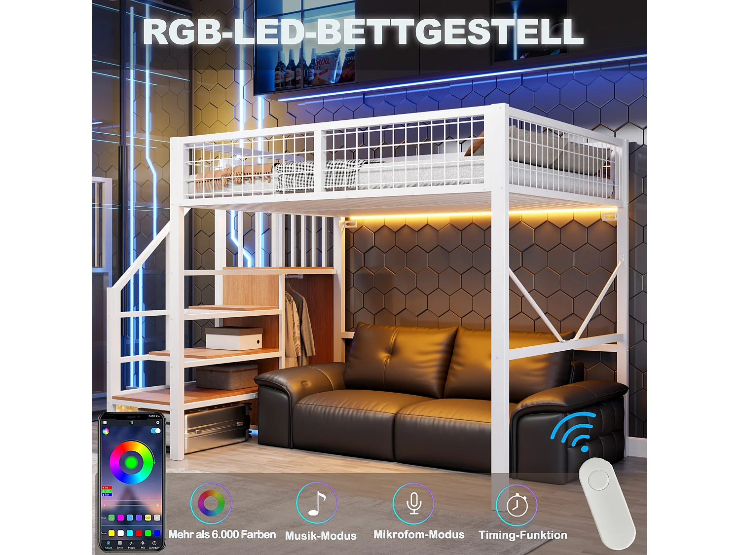 Hochbett 140 x 200 cm mit Stauraumleiter, Sicherheitsgeländer und LED-Beleuchtung - Metall - Weiß (Matratze nicht im Lieferumfang enthalten)