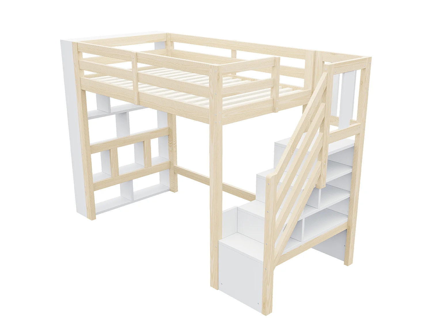 Hochbett 90 x 200 cm mit Fächern, Leiter und LED-Beleuchtung - Holz - Weiß und Natur (Matratze nicht im Lieferumfang enthalten)