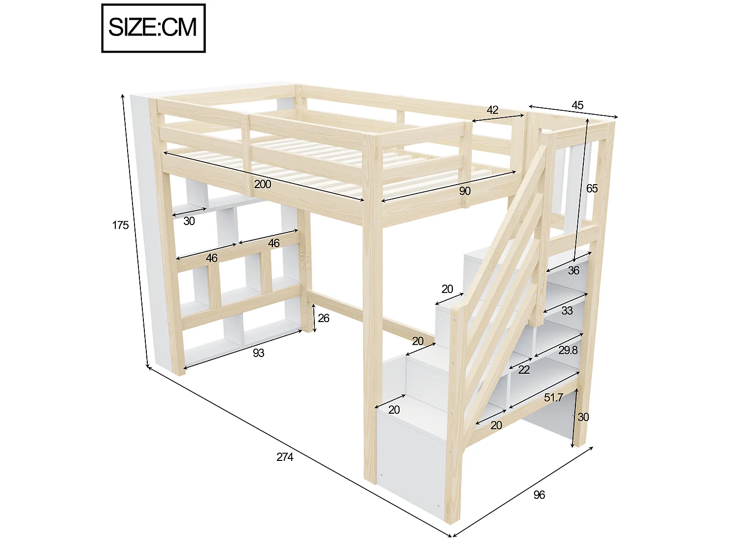 Hochbett 90 x 200 cm mit Fächern, Leiter und LED-Beleuchtung - Holz - Weiß und Natur (Matratze nicht im Lieferumfang enthalten)