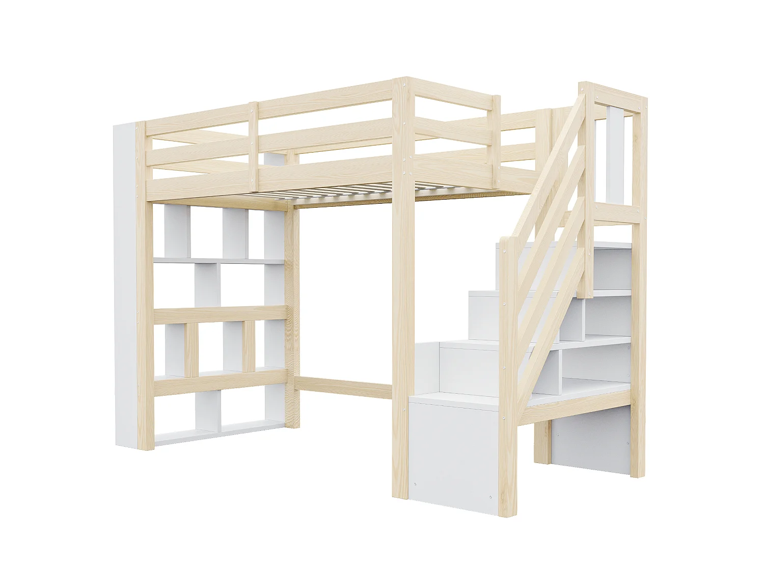 Hochbett 90 x 200 cm mit Fächern, Leiter und LED-Beleuchtung - Holz - Weiß und Natur (Matratze nicht im Lieferumfang enthalten)