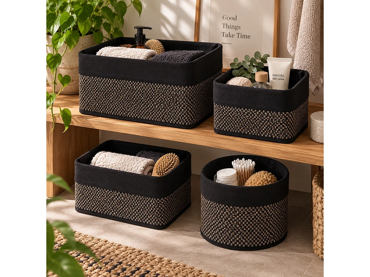 Lot de 4 Paniers de Rangement Multiformes en Bambou Tressé et Tissu Noir,Corbeilles Multi-Usages Décoratives