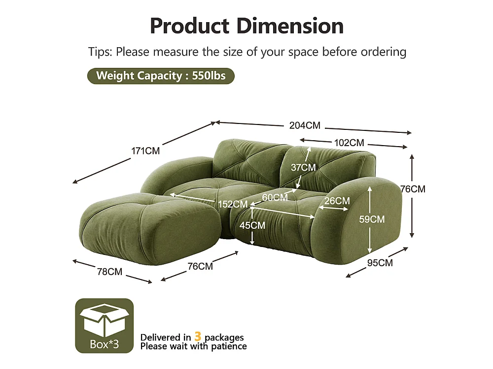 2-zits modulaire bank 32D Chenille zacht frameloos met hocker, antislip ontwerp, modern loungecomfort
