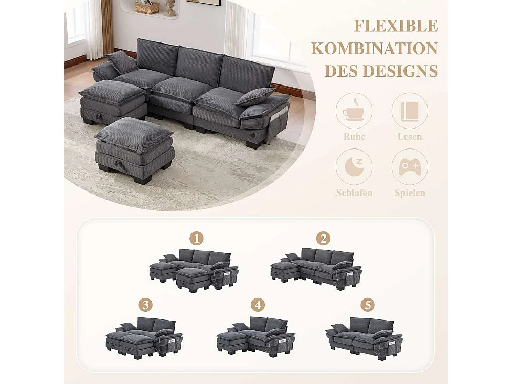 Modularer 3-Sitzer mit 2 Poufs – breiter ergonomischer Sitz, hochdichter Schaumstoff, integrierter USB-C und Seitentaschen, ideal für Wohnzimmer oder Büro