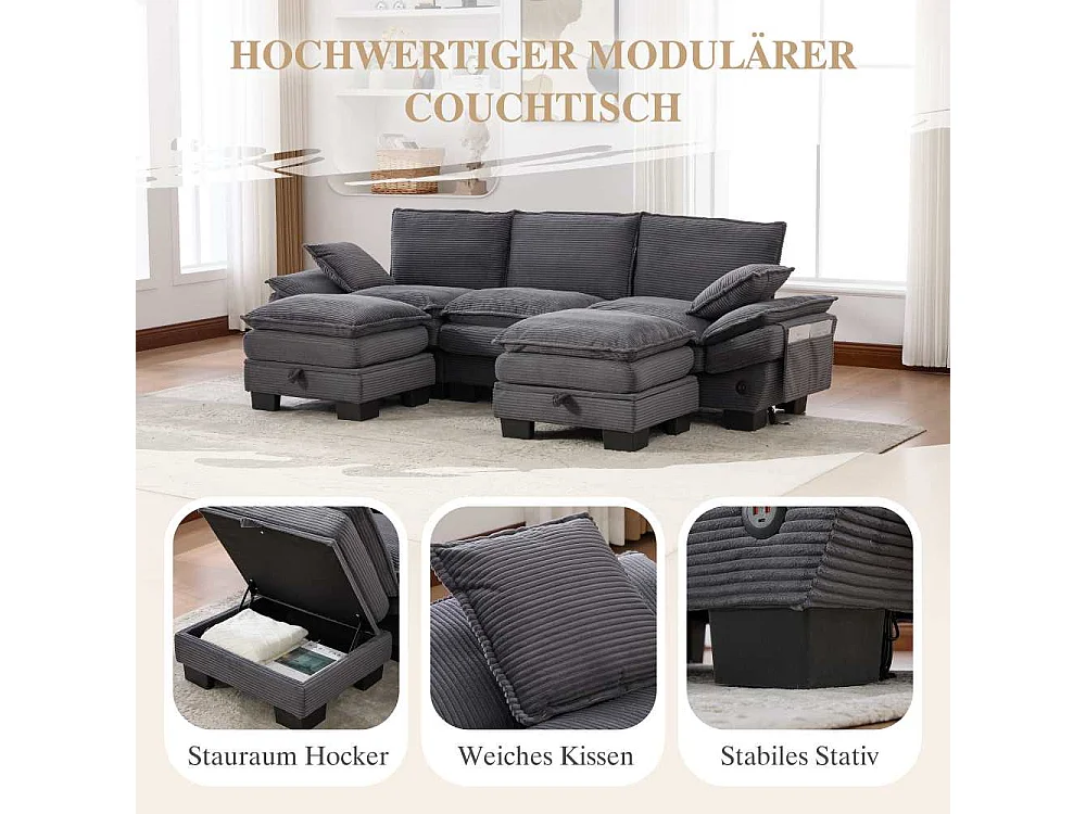 Modularer 3-Sitzer mit 2 Poufs – breiter ergonomischer Sitz, hochdichter Schaumstoff, integrierter USB-C und Seitentaschen, ideal für Wohnzimmer oder Büro