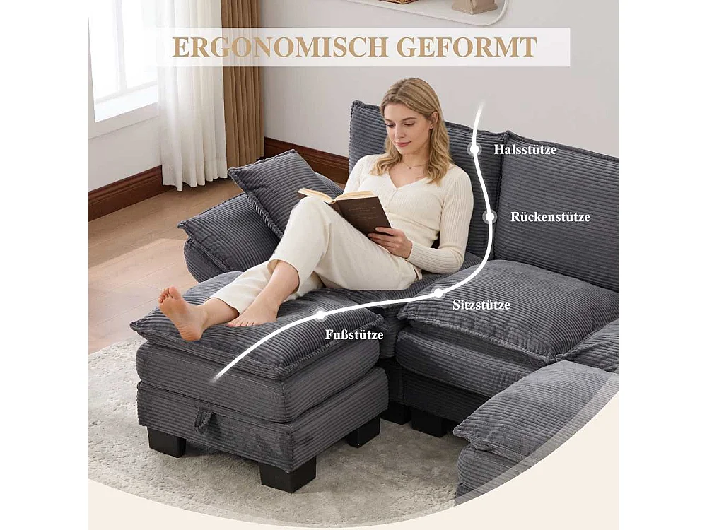 Modularer 3-Sitzer mit 2 Poufs – breiter ergonomischer Sitz, hochdichter Schaumstoff, integrierter USB-C und Seitentaschen, ideal für Wohnzimmer oder Büro