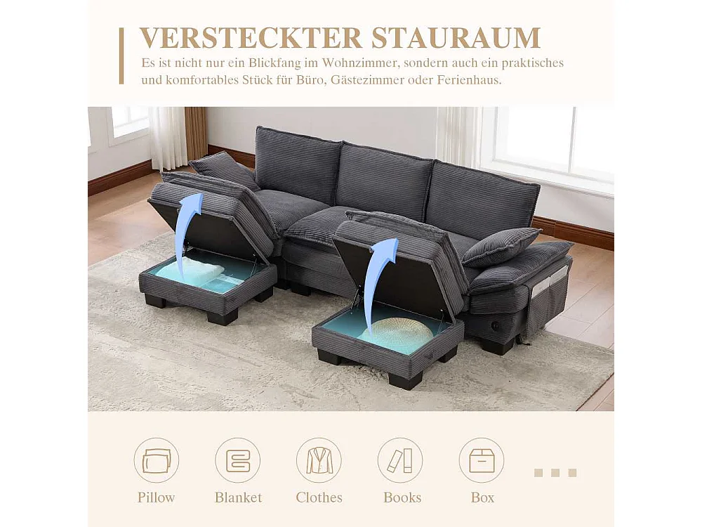 Modularer 3-Sitzer mit 2 Poufs – breiter ergonomischer Sitz, hochdichter Schaumstoff, integrierter USB-C und Seitentaschen, ideal für Wohnzimmer oder Büro