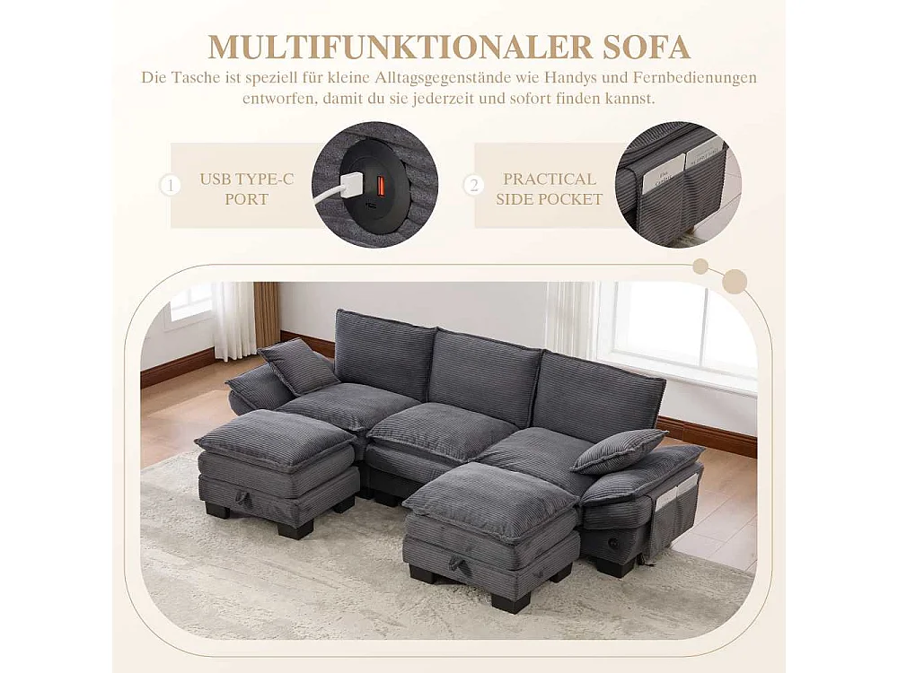 Modularer 3-Sitzer mit 2 Poufs – breiter ergonomischer Sitz, hochdichter Schaumstoff, integrierter USB-C und Seitentaschen, ideal für Wohnzimmer oder Büro