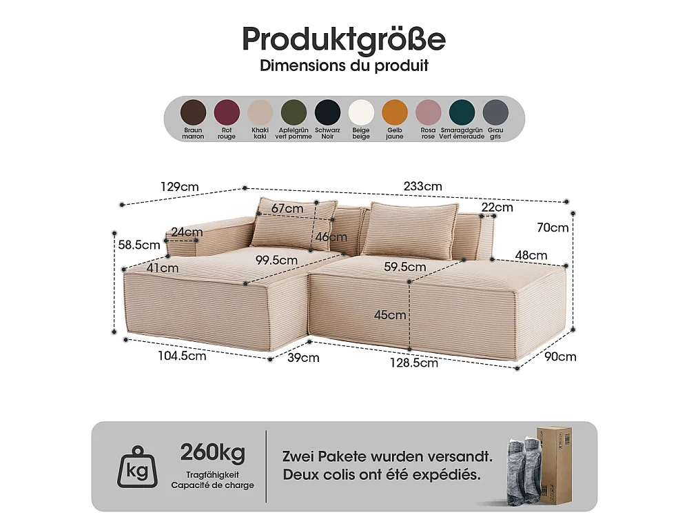 Canapé textile économique 235 cm avec coussins, assise ressorts ensachés et mousse haute densité