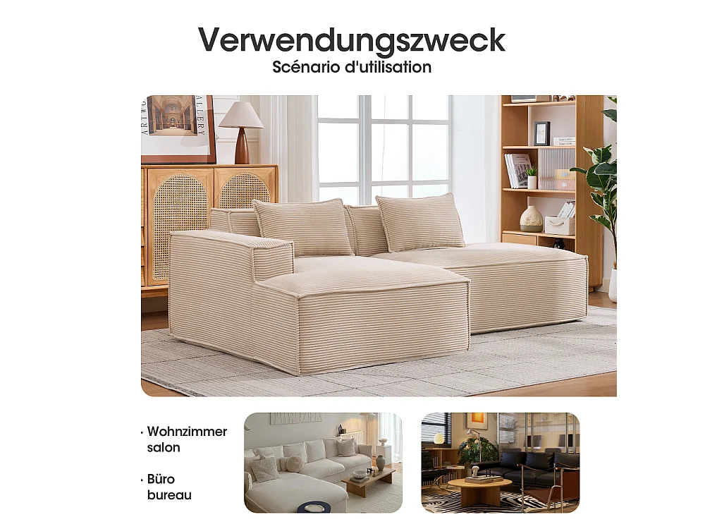 Canapé textile économique 235 cm avec coussins, assise ressorts ensachés et mousse haute densité