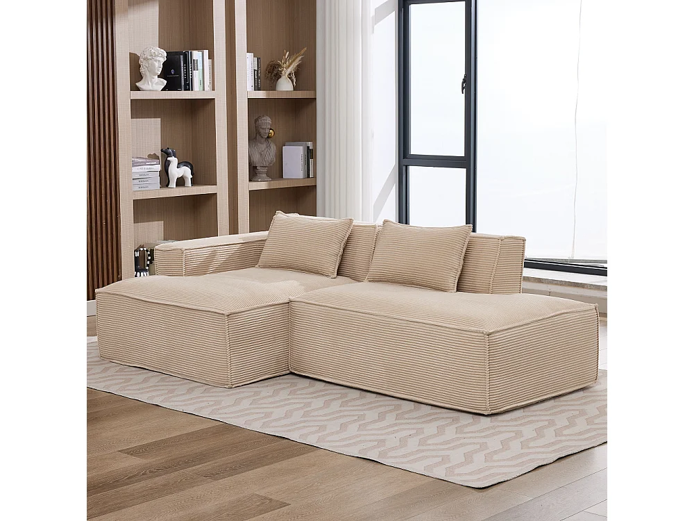 Canapé textile économique 235 cm avec coussins, assise ressorts ensachés et mousse haute densité