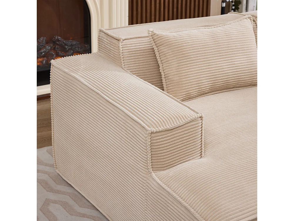 Canapé textile économique 235 cm avec coussins, assise ressorts ensachés et mousse haute densité