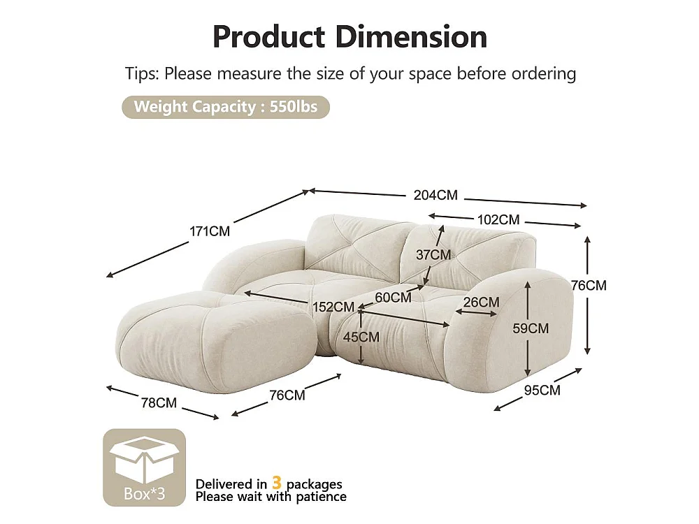 Sofá Modular 2 Plazas 32D de Chenilla Suave Sin Estructura con Puff, Diseño Antideslizante, Confort Lounge Moderno