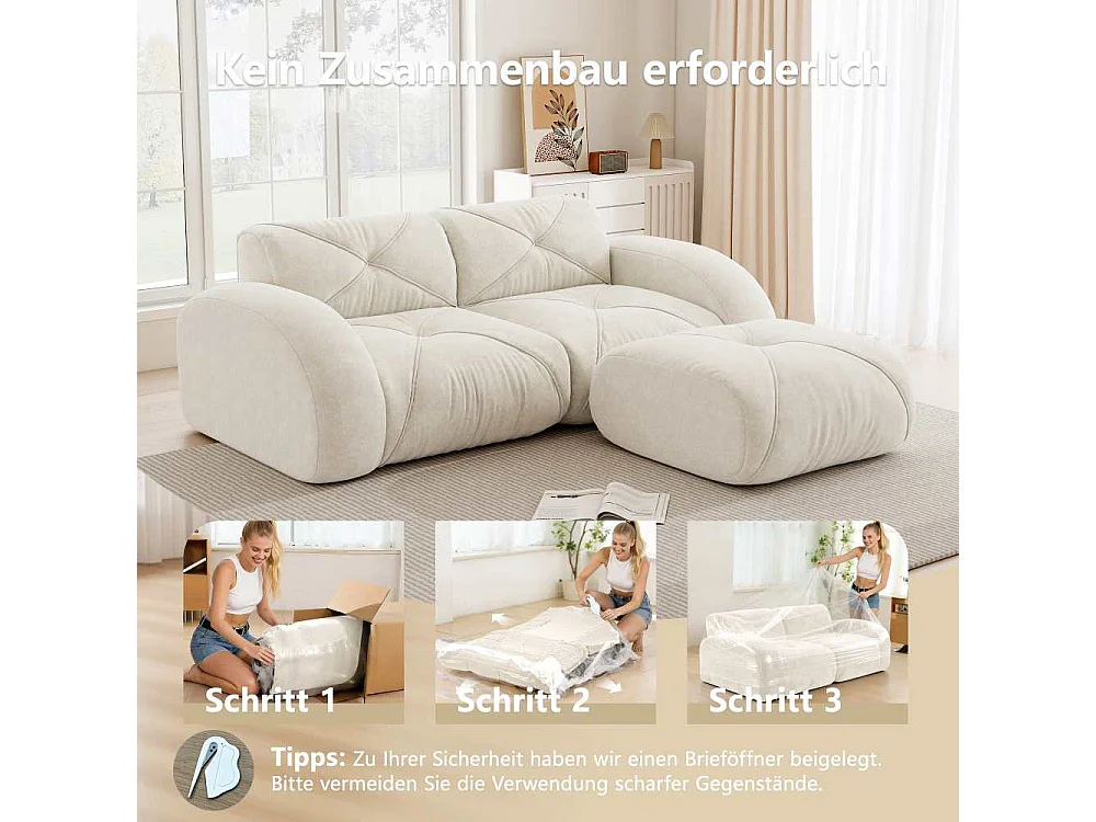Sofá Modular 2 Plazas 32D de Chenilla Suave Sin Estructura con Puff, Diseño Antideslizante, Confort Lounge Moderno