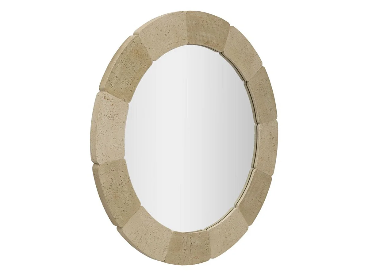 Afrundet vægspejl, 90 cm, med travertin-look, Kaël Beige