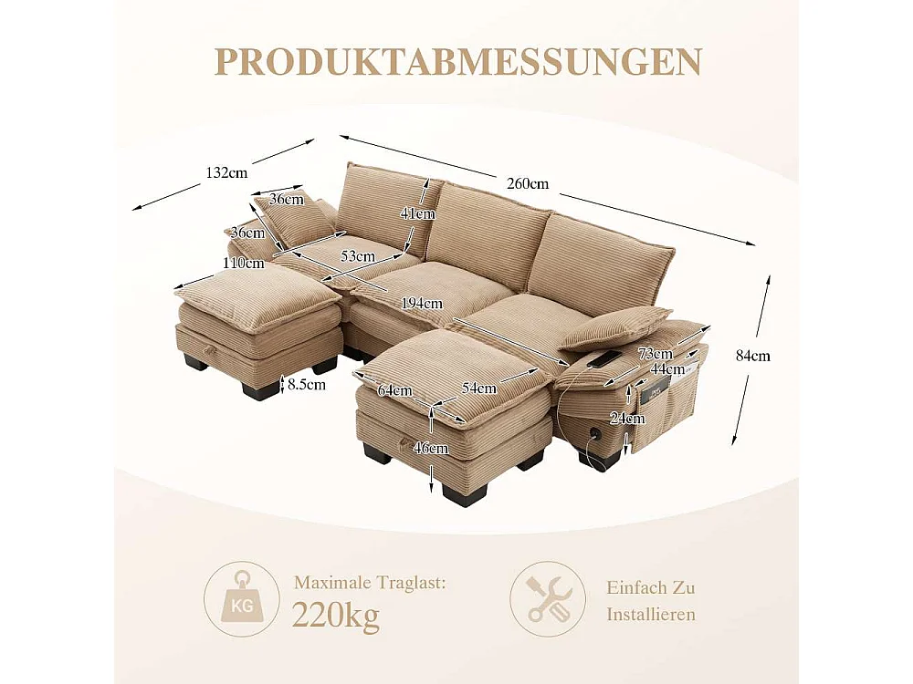 Modulaire 3-zitsbank met 2 poefs – brede ergonomische zitting, schuim met hoge dichtheid, geïntegreerde USB-C en zijvakken, ideaal voor woonkamer of kantoor