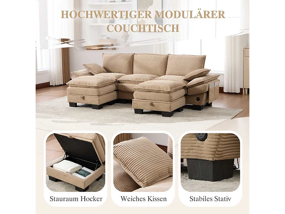 Modulaire 3-zitsbank met 2 poefs – brede ergonomische zitting, schuim met hoge dichtheid, geïntegreerde USB-C en zijvakken, ideaal voor woonkamer of kantoor