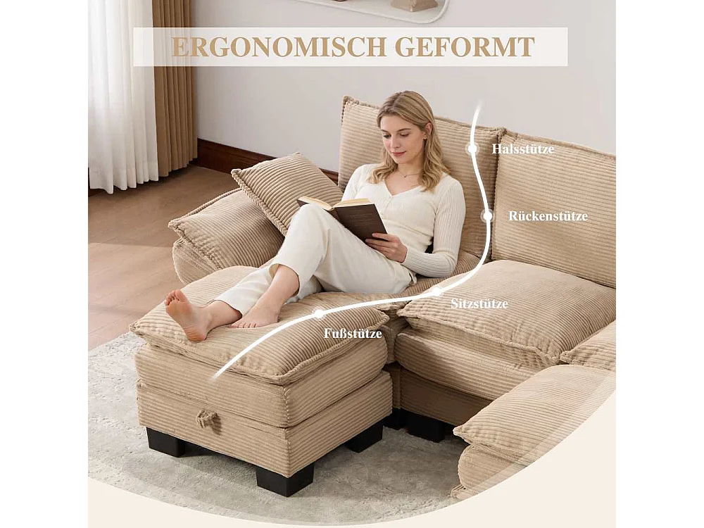 Modulaire 3-zitsbank met 2 poefs – brede ergonomische zitting, schuim met hoge dichtheid, geïntegreerde USB-C en zijvakken, ideaal voor woonkamer of kantoor