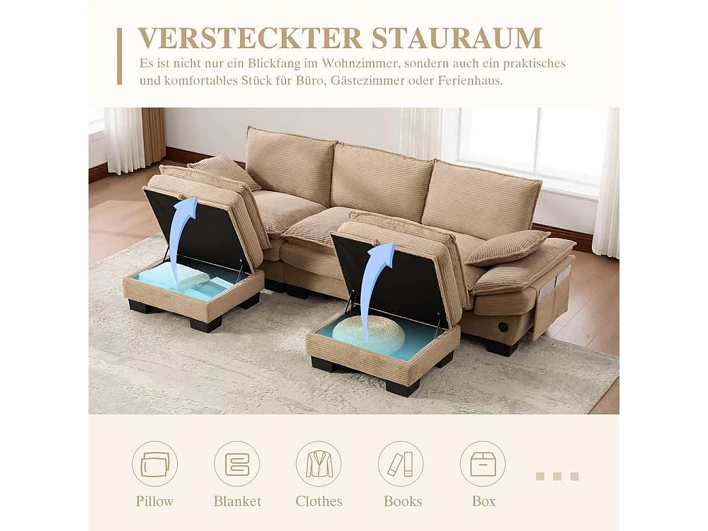 Modulaire 3-zitsbank met 2 poefs – brede ergonomische zitting, schuim met hoge dichtheid, geïntegreerde USB-C en zijvakken, ideaal voor woonkamer of kantoor