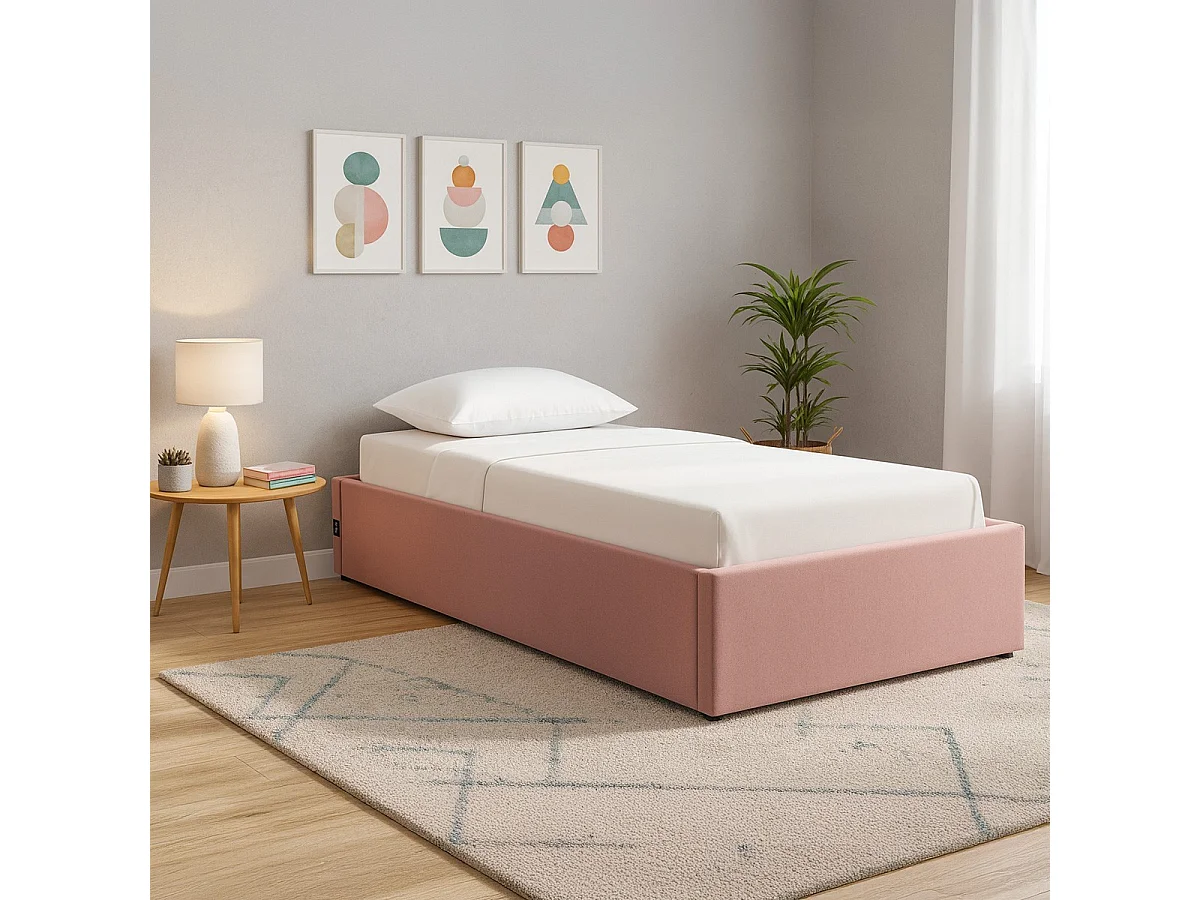 Ensemble Lit coffre adulte 90x190cm en velours rose avec sommier - Handy + Matelas ressorts ensachés - Spring Elite