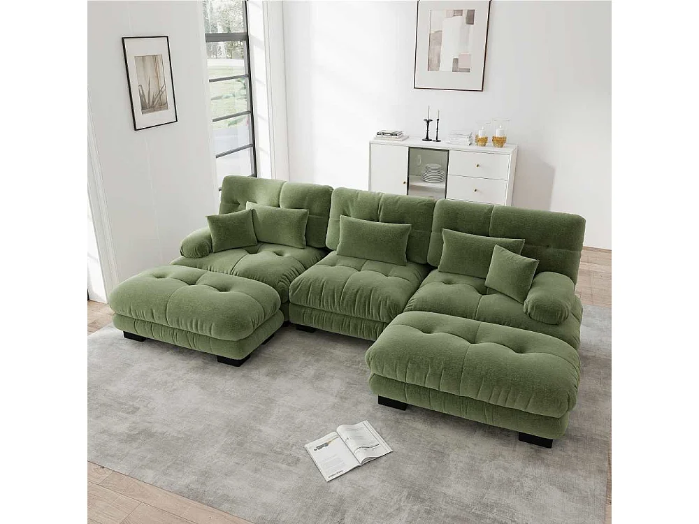 Modulaire U-vormige XXL-bank met diepe zitting, uitklapbare hoekbank met verrijdbare voetenbank in cloud comfort chenille voor woonkamer