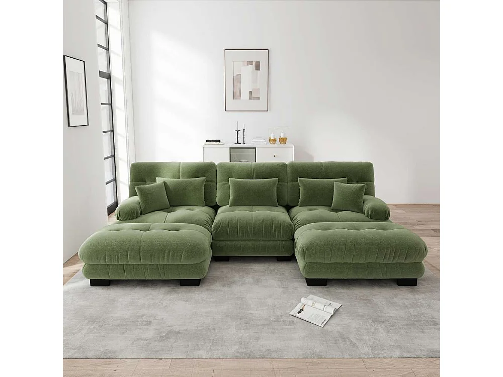 Modulaire U-vormige XXL-bank met diepe zitting, uitklapbare hoekbank met verrijdbare voetenbank in cloud comfort chenille voor woonkamer