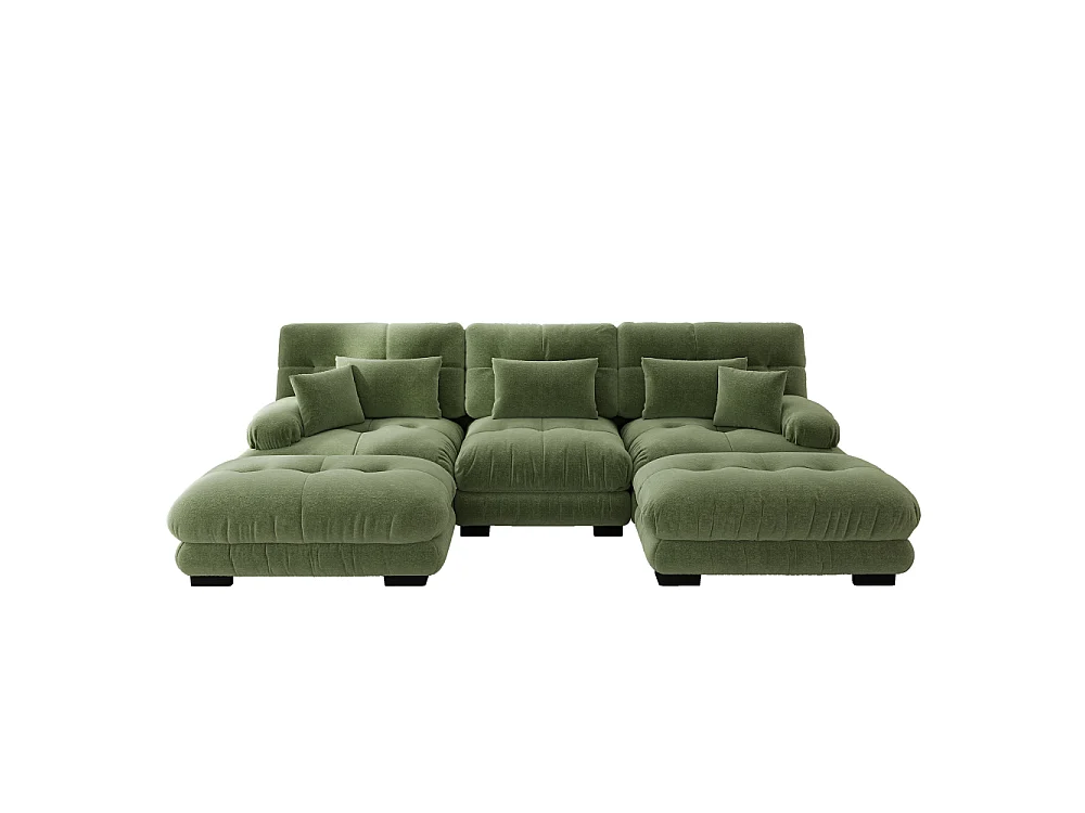 Modulaire U-vormige XXL-bank met diepe zitting, uitklapbare hoekbank met verrijdbare voetenbank in cloud comfort chenille voor woonkamer