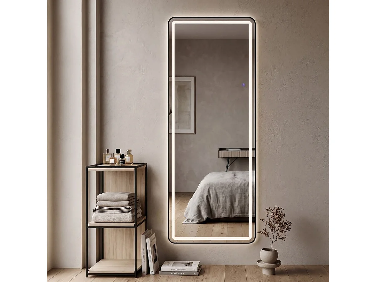 Rektangulært stående eller vægmonteret spejl, 70 x 170 cm, LED, Neva, sort